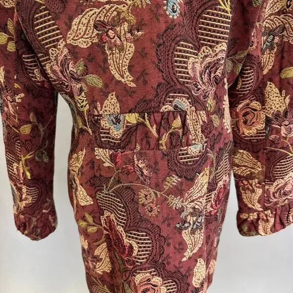 CAbi burgundy Jacobean burgundy floral jacquard tapestry long jacket Size 14